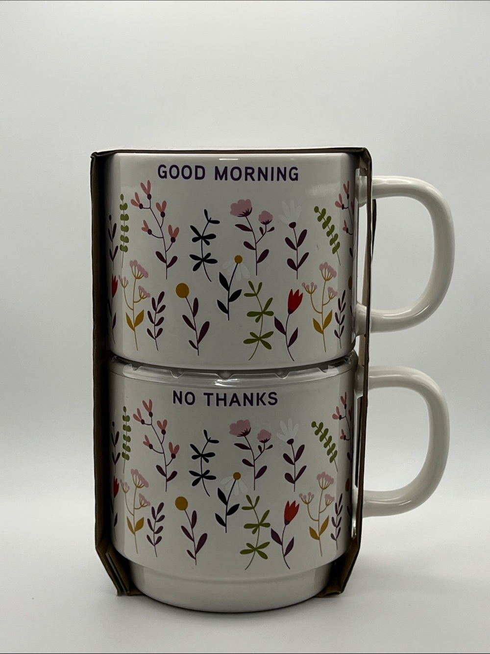 Ceramic Floral 'Good Morning / No Thanks' Stackable Mug Set - White